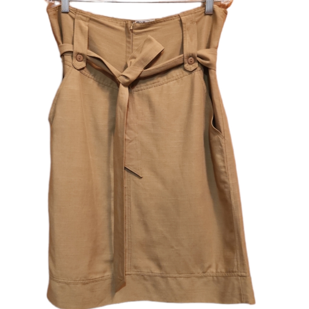 GO FISH L BEIGE LINEN MIDI BELTED BOHEMIAN SKIRT